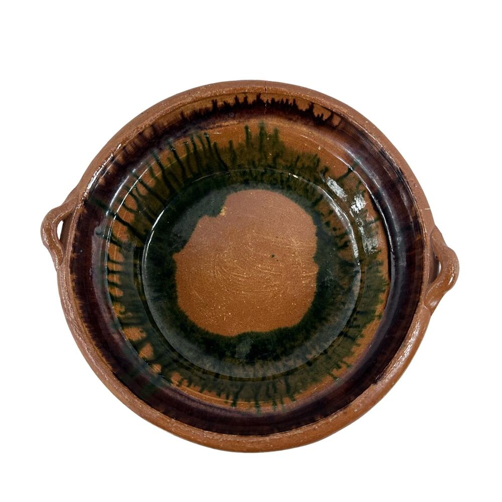 Vintage Handmade Drip Pottery Bowl With Handles Brown Green *Has Small Crack*